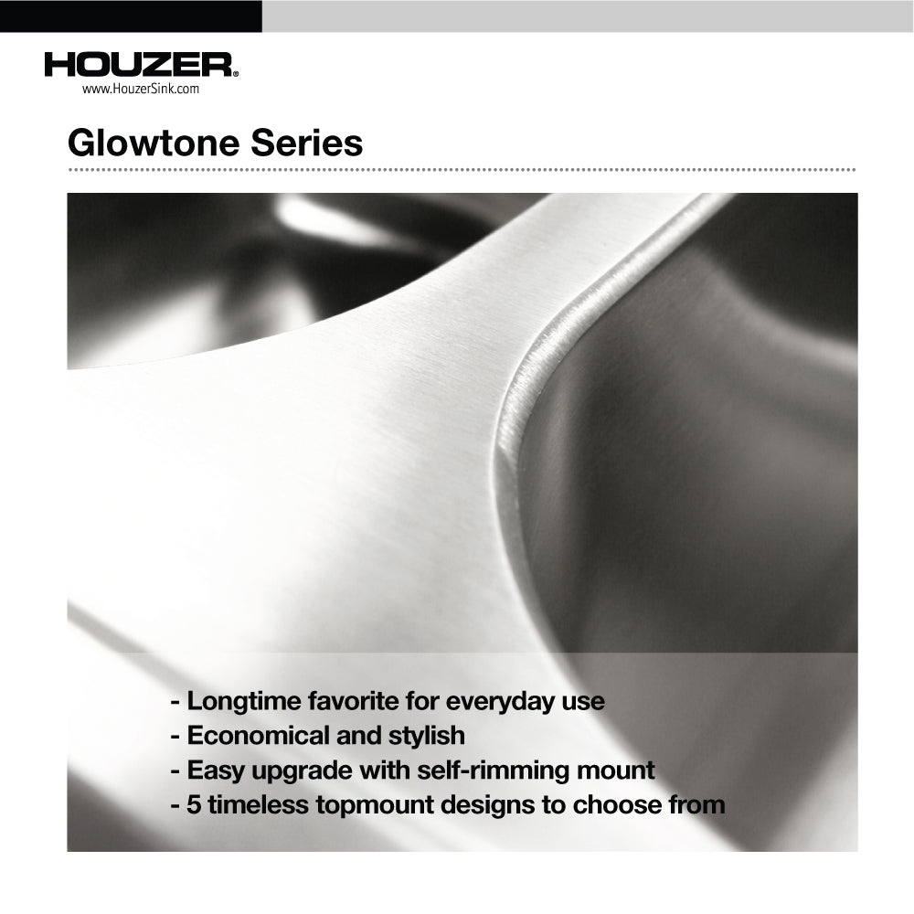 Houzer 2522-8BS4-36 Glowtone 25 Inch Stainless Steel Drop-In Topmount 4-Hole Single Bowl Kitchen Sink