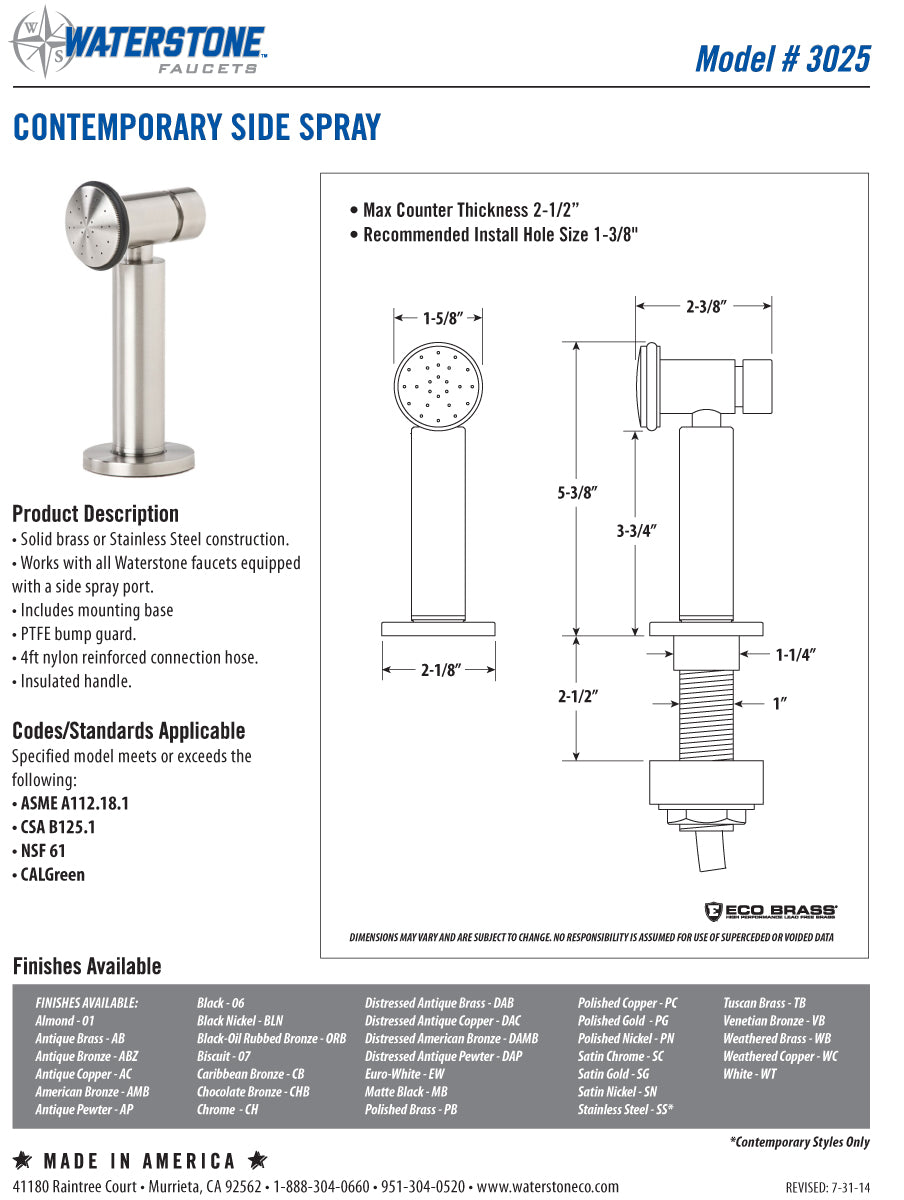 Waterstone 3600-18-1 Hunley Kitchen Faucet - 18" Articulated Spout w/Side Spray - Parent