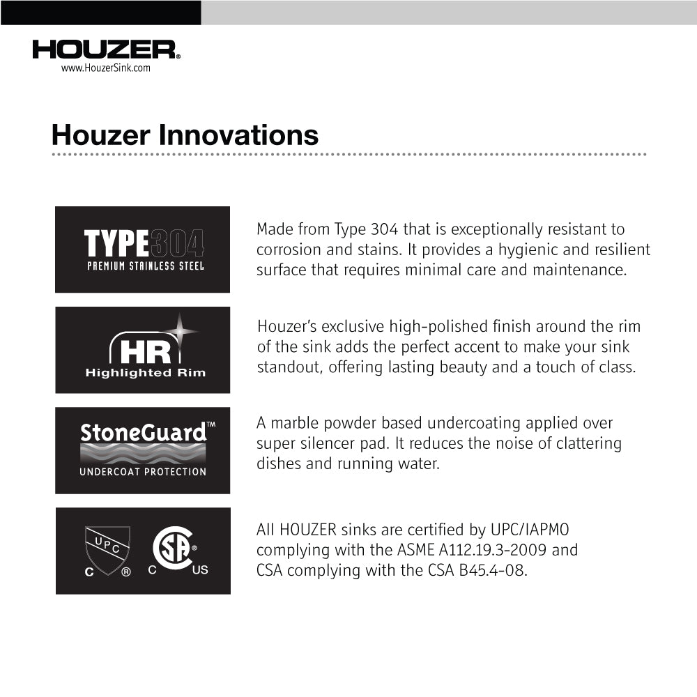 Houzer 3322-8BS3-36 Glowtone 33" Stainless Steel Drop-In Topmount 3-Hole 50/50 Double Bowl Kitchen Sink