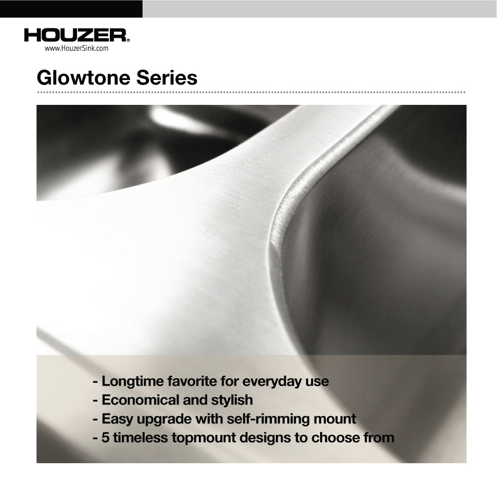 Houzer 3322-9BS3-20 Glowtone 33" Stainless Steel Drop-In Topmount 3-Hole 50/50 Double Bowl Kitchen Sink