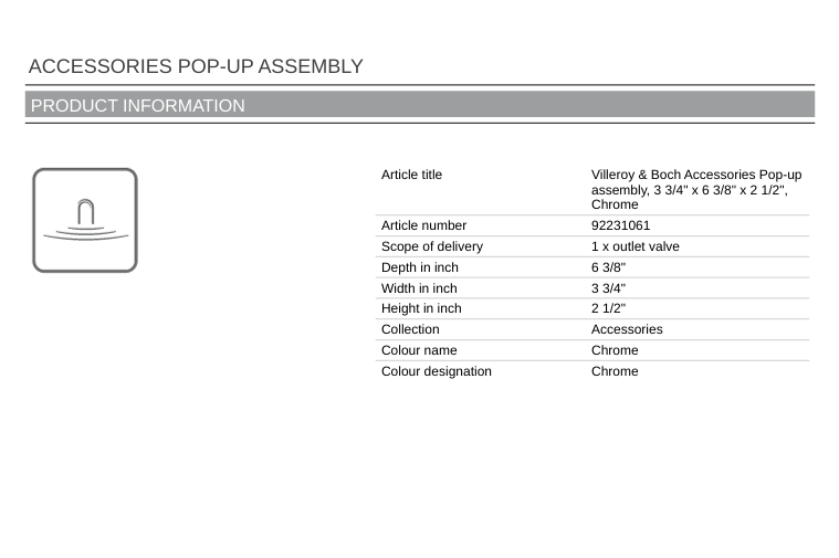 Villeroy And Boch 92231061 Pop-Up assembly kit for ceramic drains - Chrome