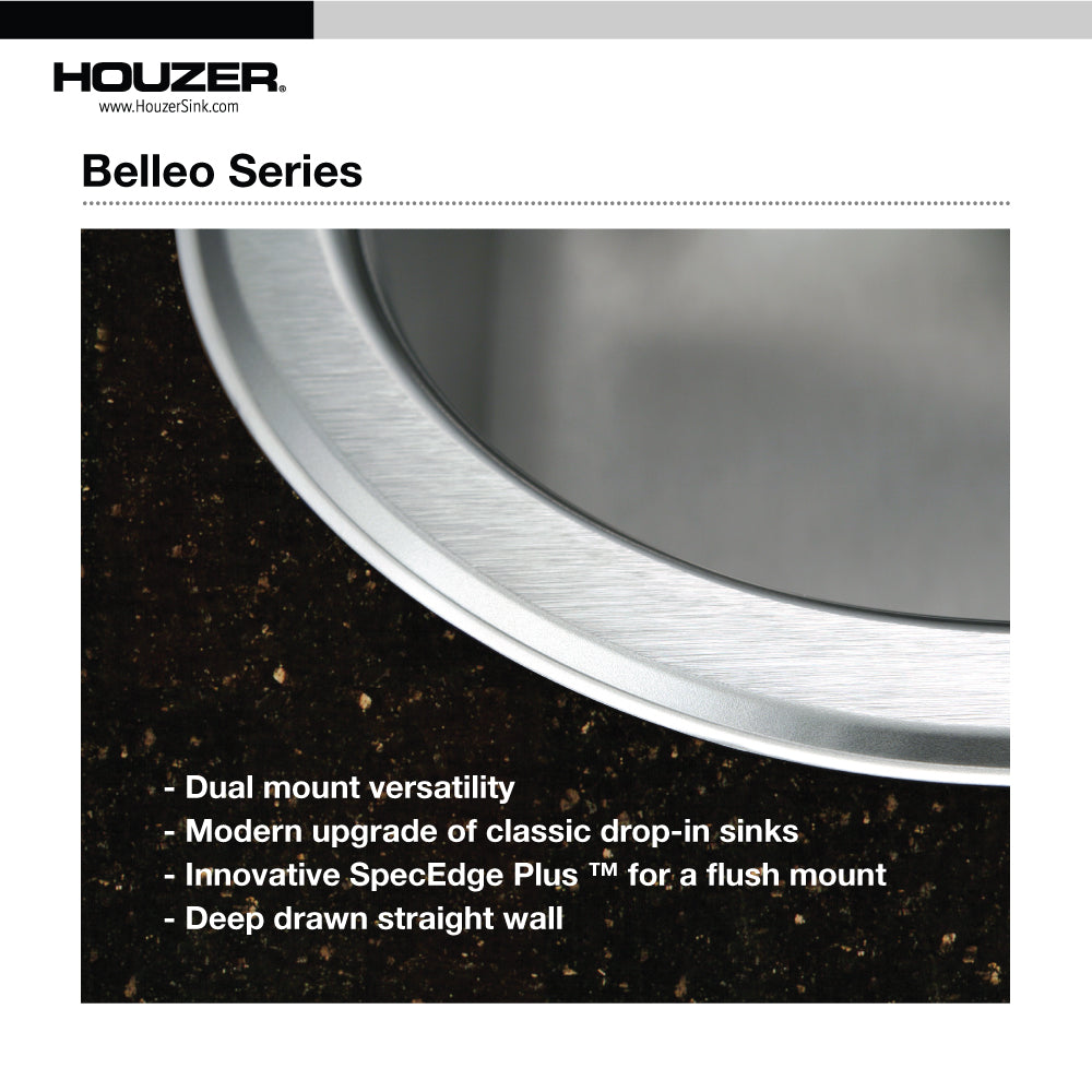 Houzer BSD-3209 Belleo 32 Inch Stainless Steel Drop-In Topmount 50/50 Double Bowl Kitchen Sink