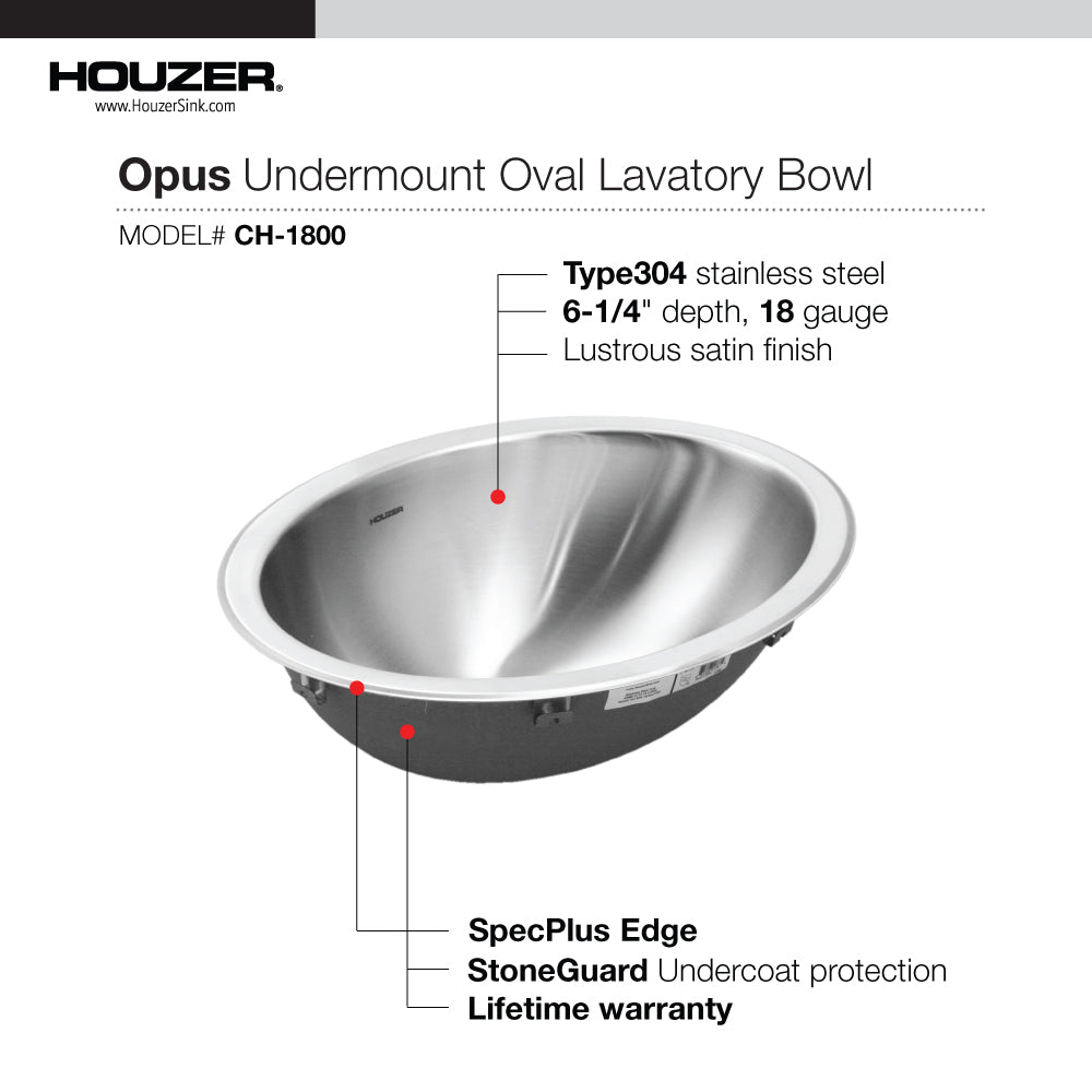 Houzer CH-1800-5 Opus 18 Inch Stainless Steel Undermount Oval Bowl Bathroom Sink Without Overflow