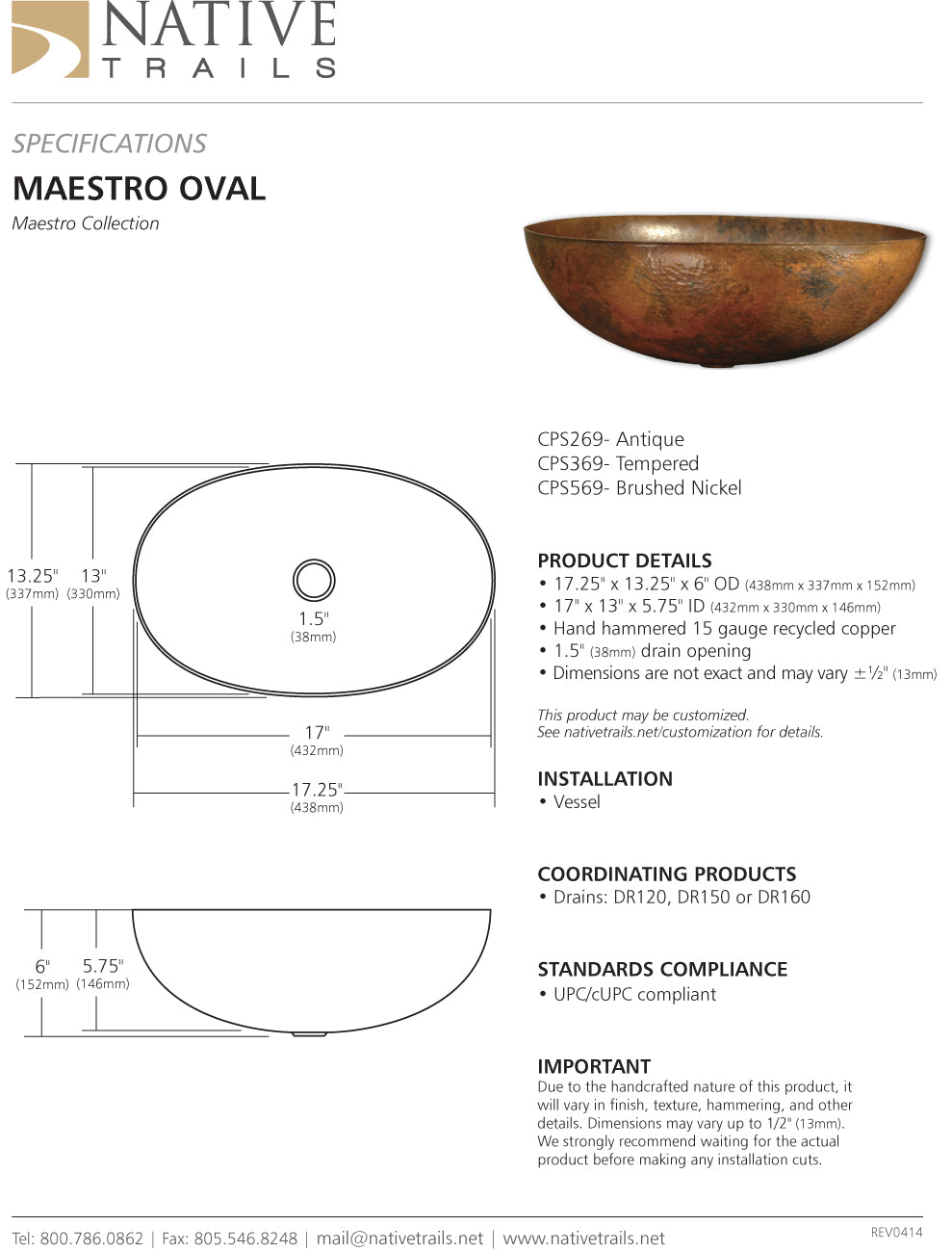 Native Trails CPS269 Maestro Oval Bathroom Vessel Sink in Antique Copper