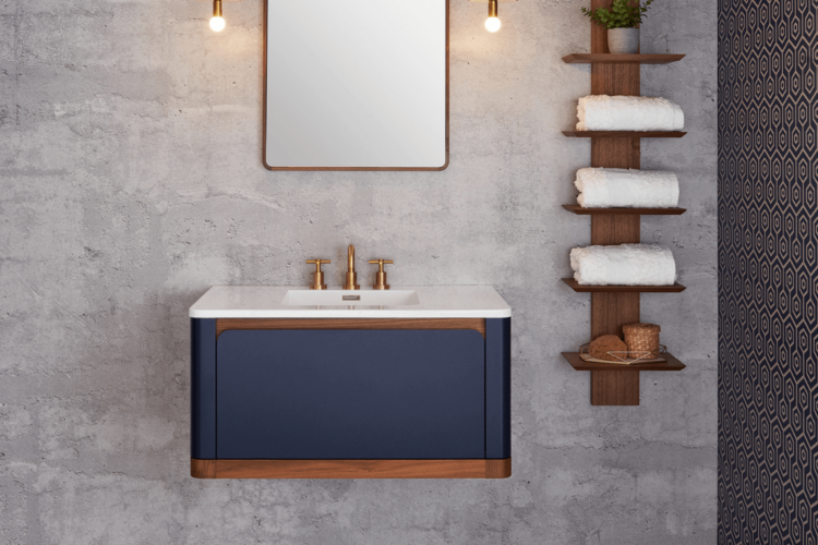 Wet Style EBHS48CWM-L21W38 Bauhaus Vanity 48C Wall Mount, Lacquer Apollo White Facade And Sides, Oak Smoked Trim And Dovetail Maple Int. Drawer