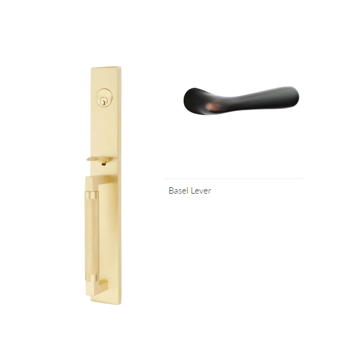 Emtek 4229BALH Double Cyl , Hercules Knurled , Full Length Tubular Entry Set , Basel Lever , LH - Parent