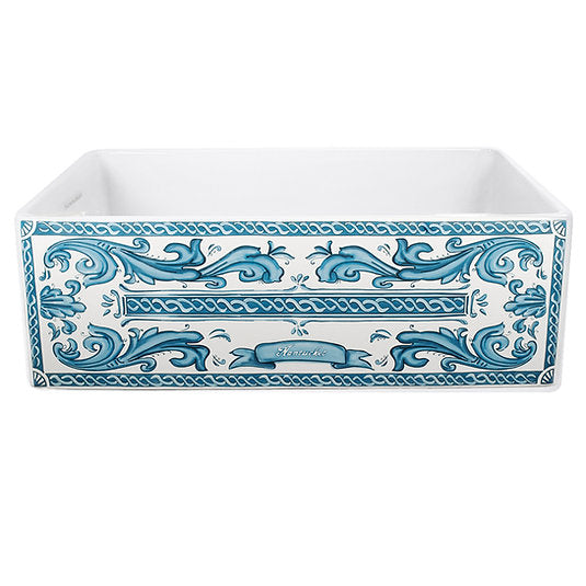 Nantucket Sinks FCFS3320S-BluMare 33-Inch Farmhouse Fireclay Sink with Nantucket Scroll Work Apron Front