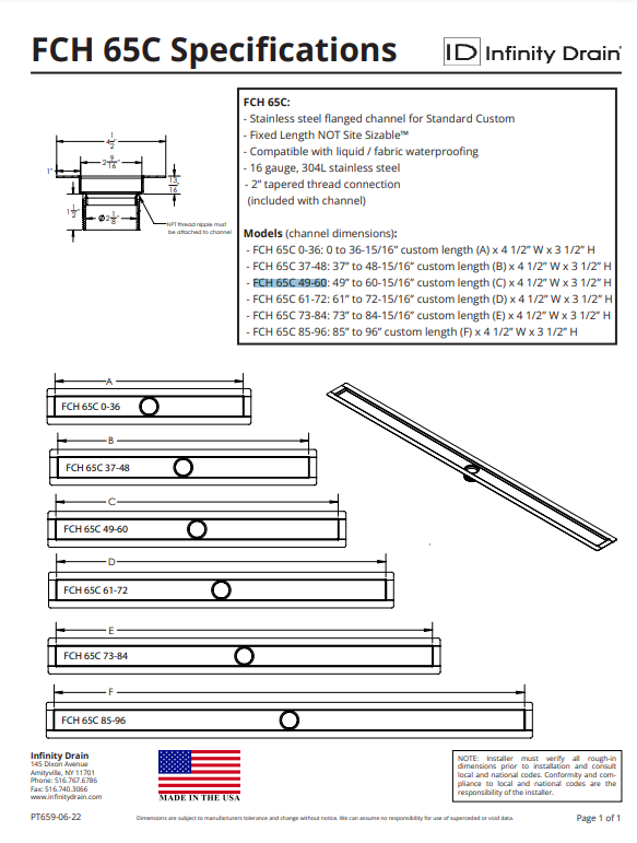 Infinity Drain FCH 65C 49-60 SS Custom FCH Threaded Outlet Channel 49"-60" Length With Custom 2" Threaded Threaded Outlet Location