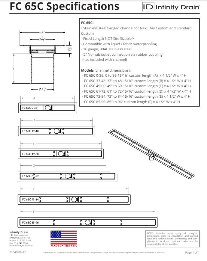 Infinity Drain FC 65C 61-72 SS Custom FC Fixed Flange Channel 61"-72" Length With Custom 2" No-Hub Outlet Location