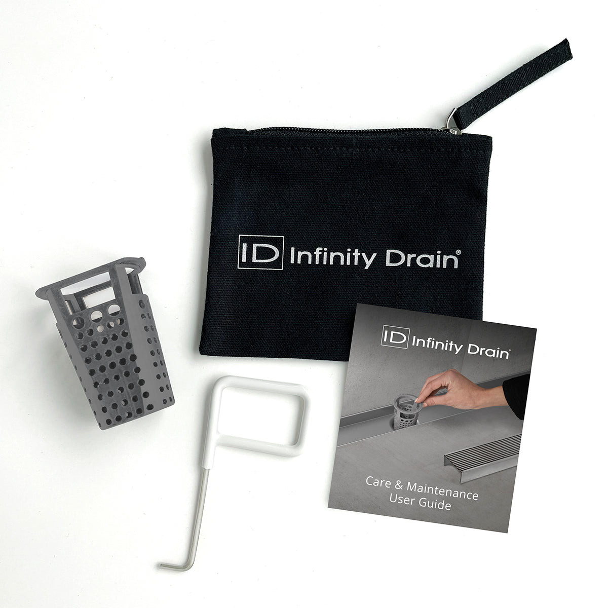 Infinity Drain HMK-38-D Hair Maintenance Kit. Includes maintenance guide, DKEY Lift-out key, and HB 32 Hair Basket.