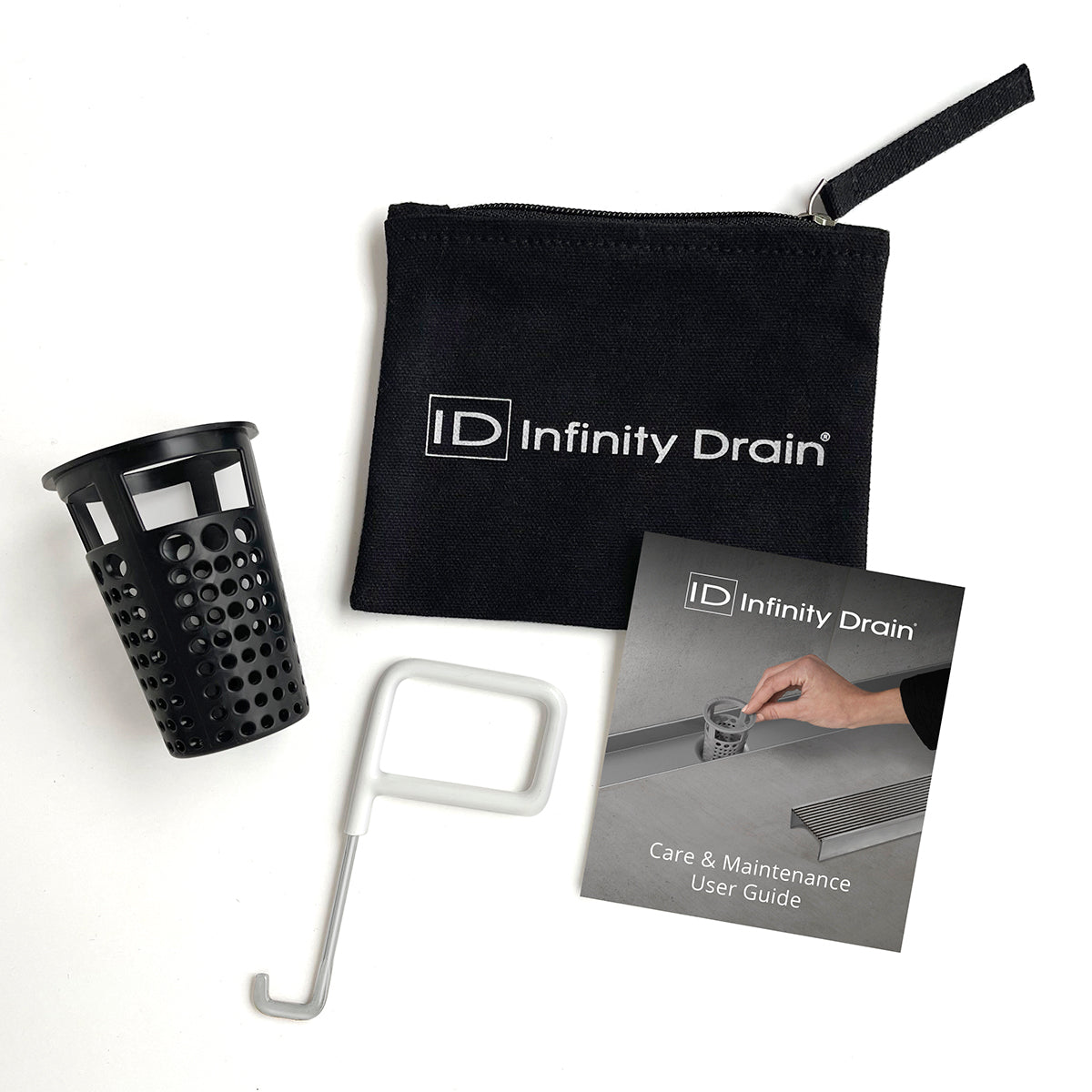 Infinity Drain HMK-65B-A Hair Maintenance Kit. Includes maintenance guide, AKEY Lift-out key, and (2) HB 65B Hair Basket in black.