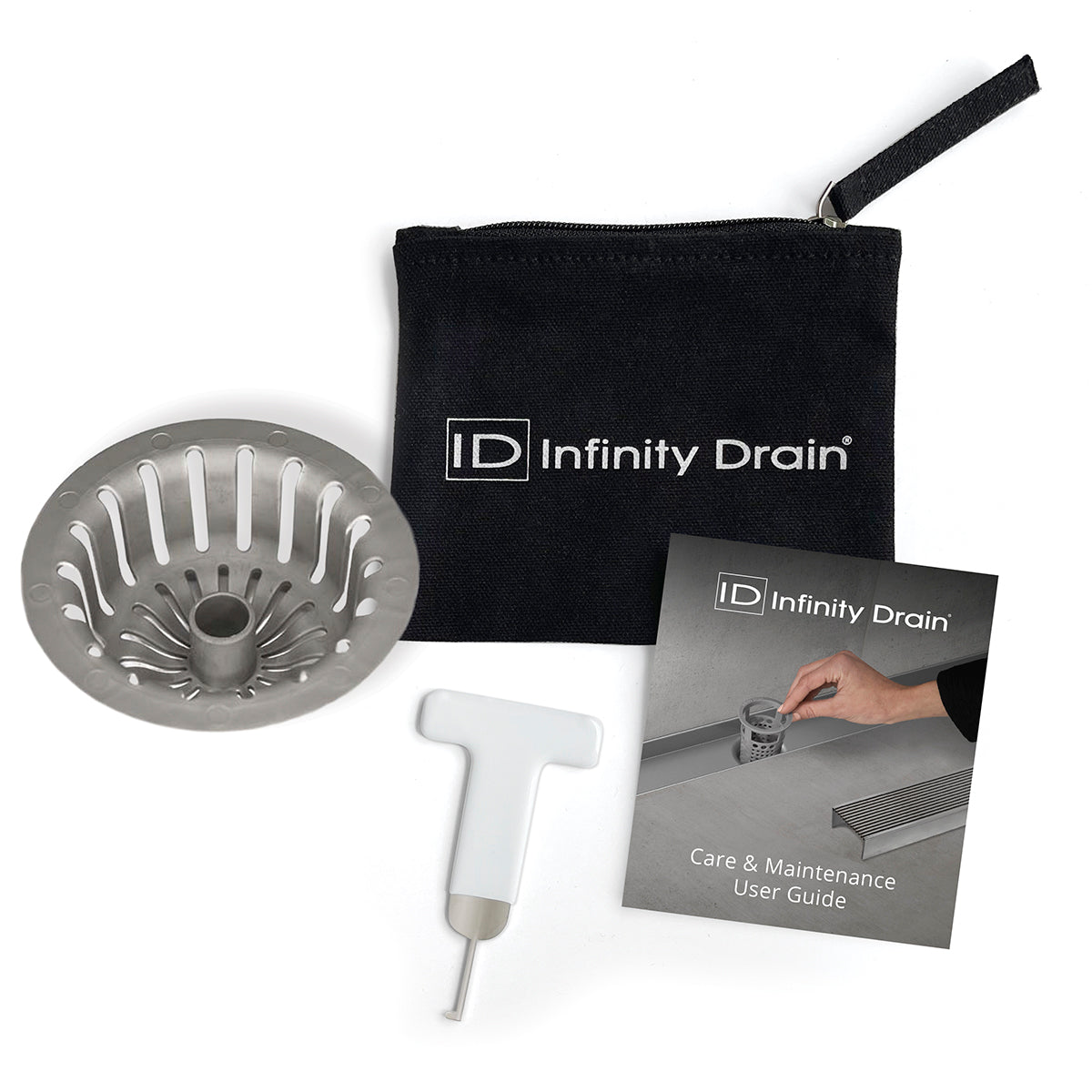 Infinity Drain HMK-C4-W Hair Maintenance Kit. Includes maintenance guide, WKEY Lift-out key, and HS 4 Hair Strainer.
