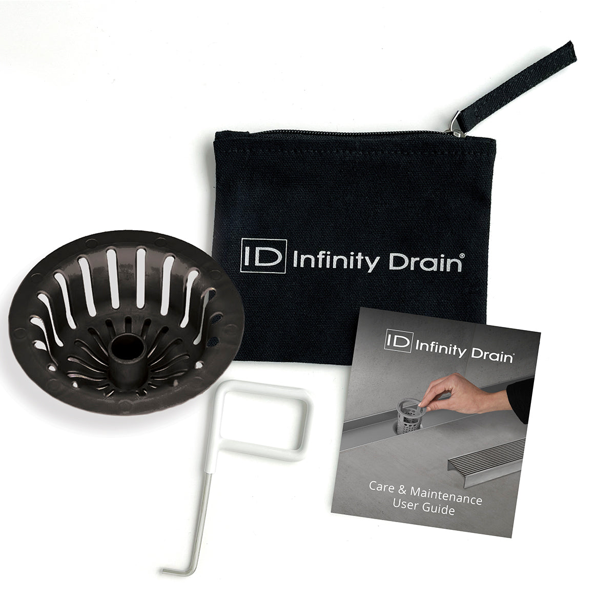 Infinity Drain HMK-C4B-D Hair Maintenance Kit. Includes maintenance guide, DKEY Lift-out key, and HS 4B Hair Strainer.