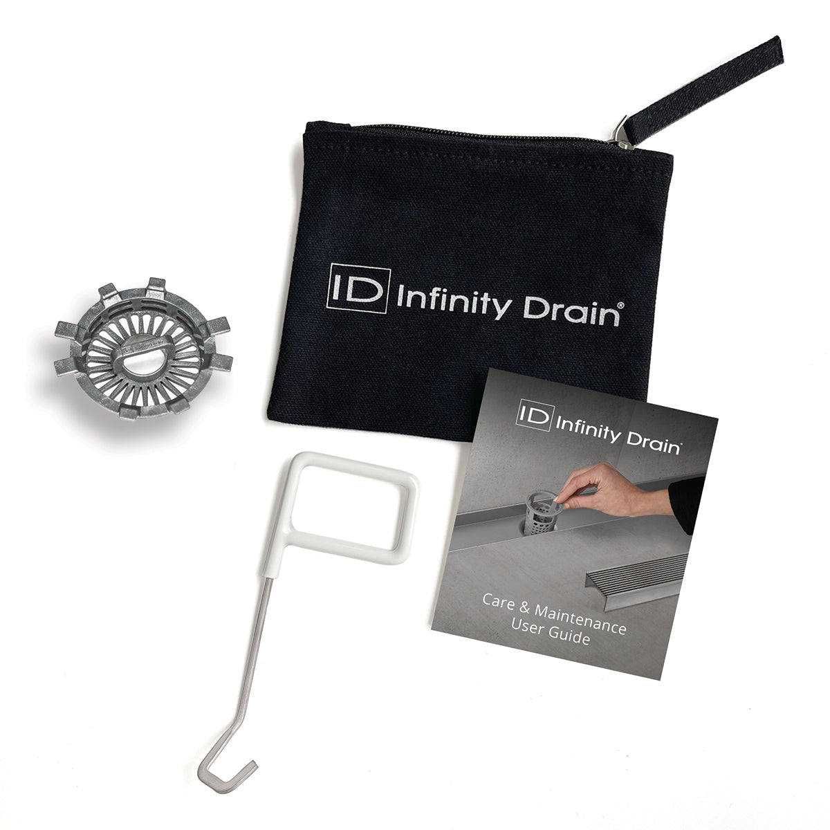 Infinity Drain HMK-S Hair Maintenance Kit. Includes maintenance guide, AKEY Lift-out key, and HS 2 Hair Strainer.