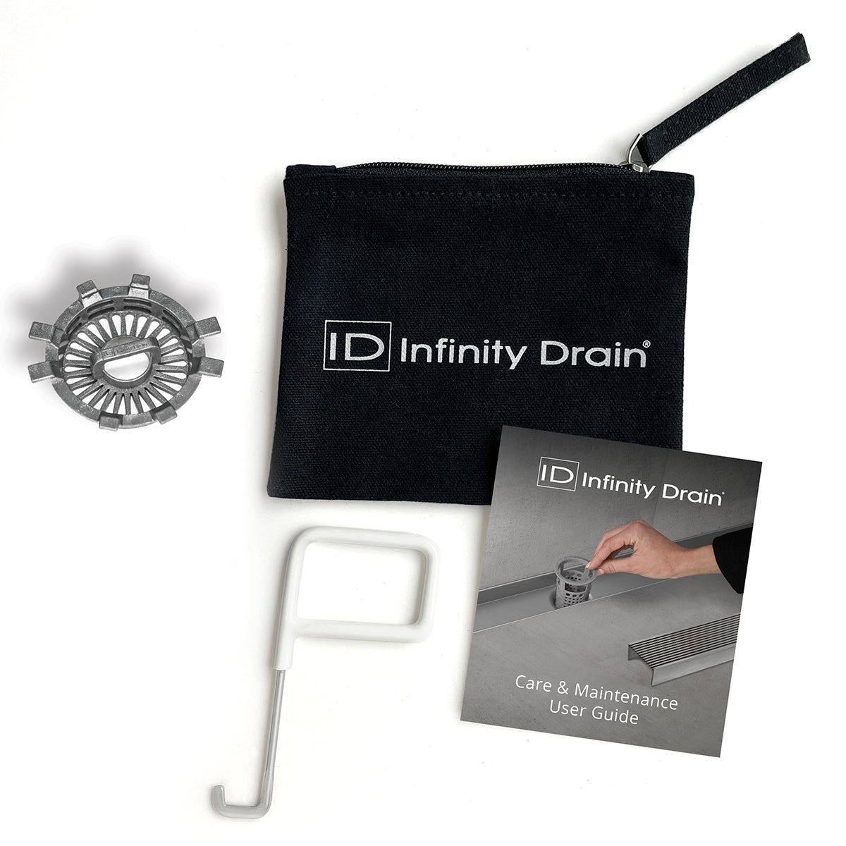 Infinity Drain HMK-T Hair Maintenance Kit. Includes maintenance guide, AKEY Lift-out key, and HS 2 Hair Strainer.