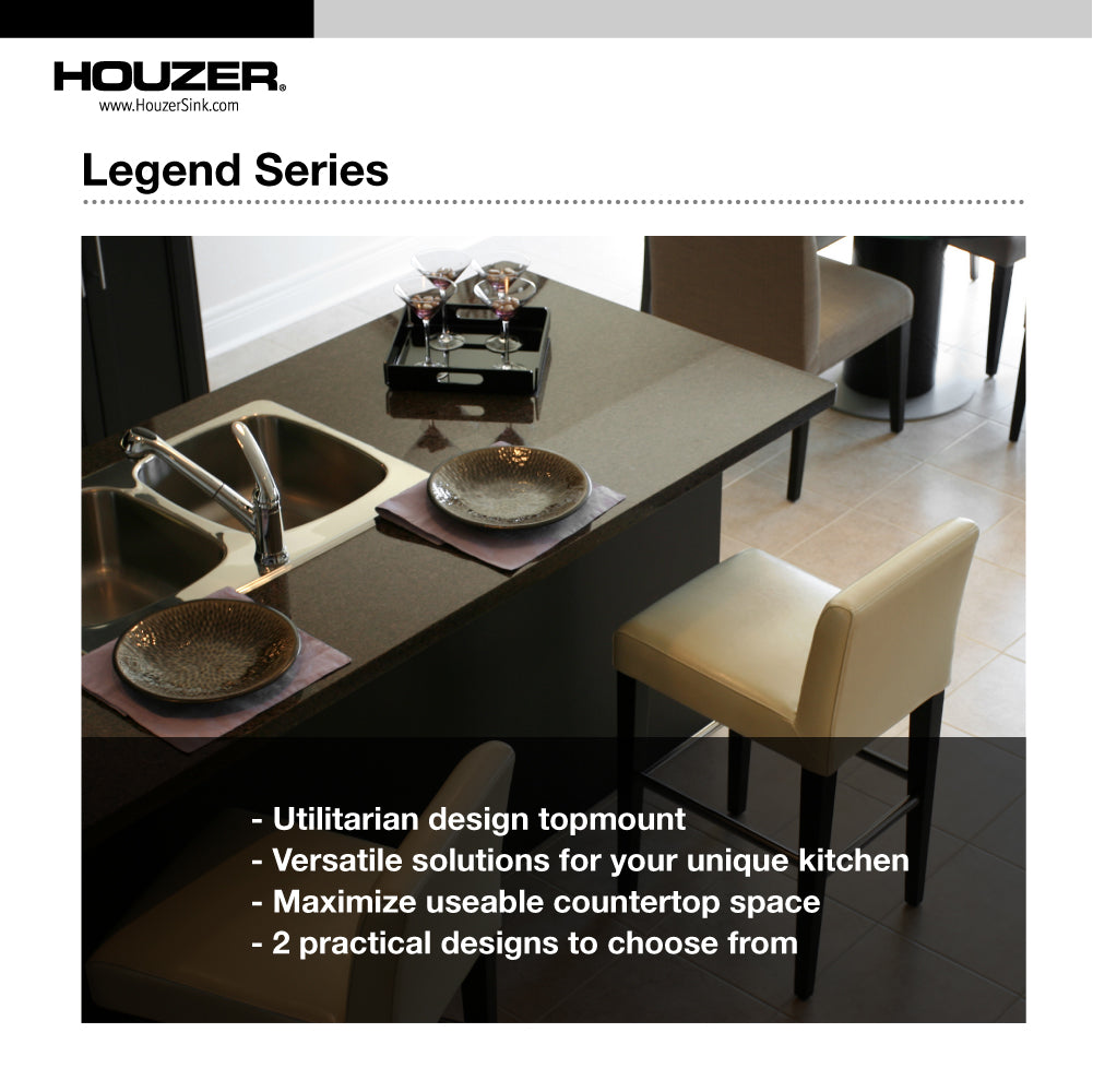 Houzer LCR-3221-C Legend 32" Stainless Steel Topmount 4-Hole 50/50 Double Bowl Corner Kitchen Sink