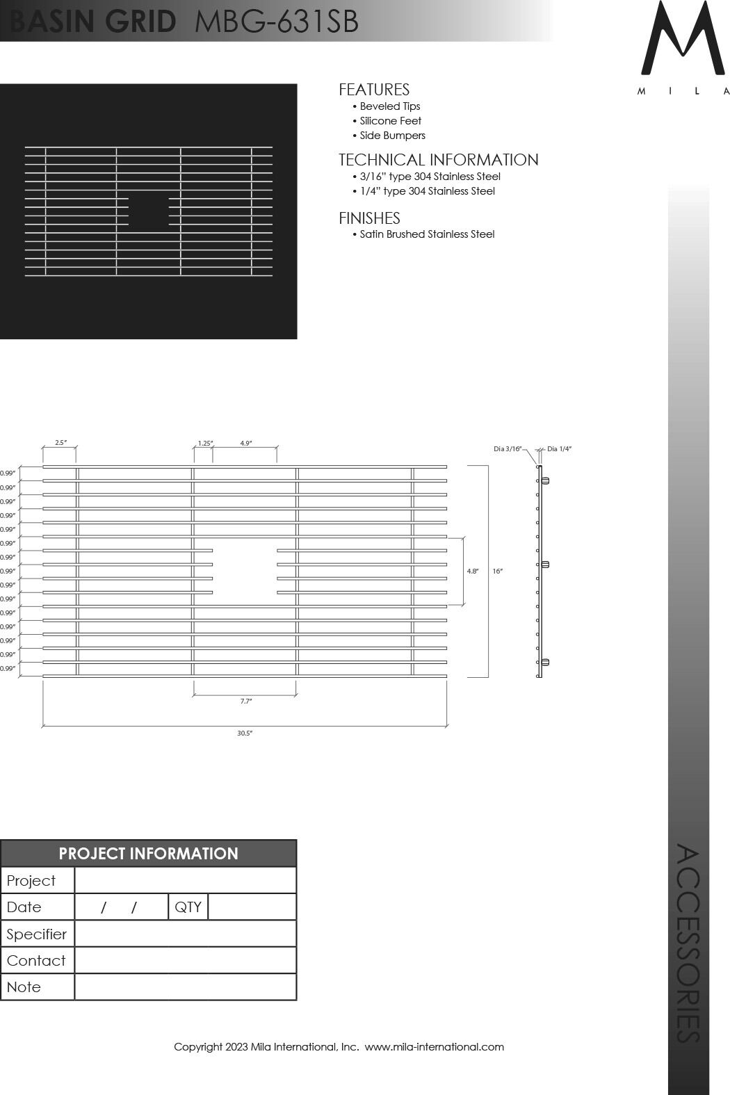 Mila MBG-631 Solid Stainless Steel Bar Basin Grid