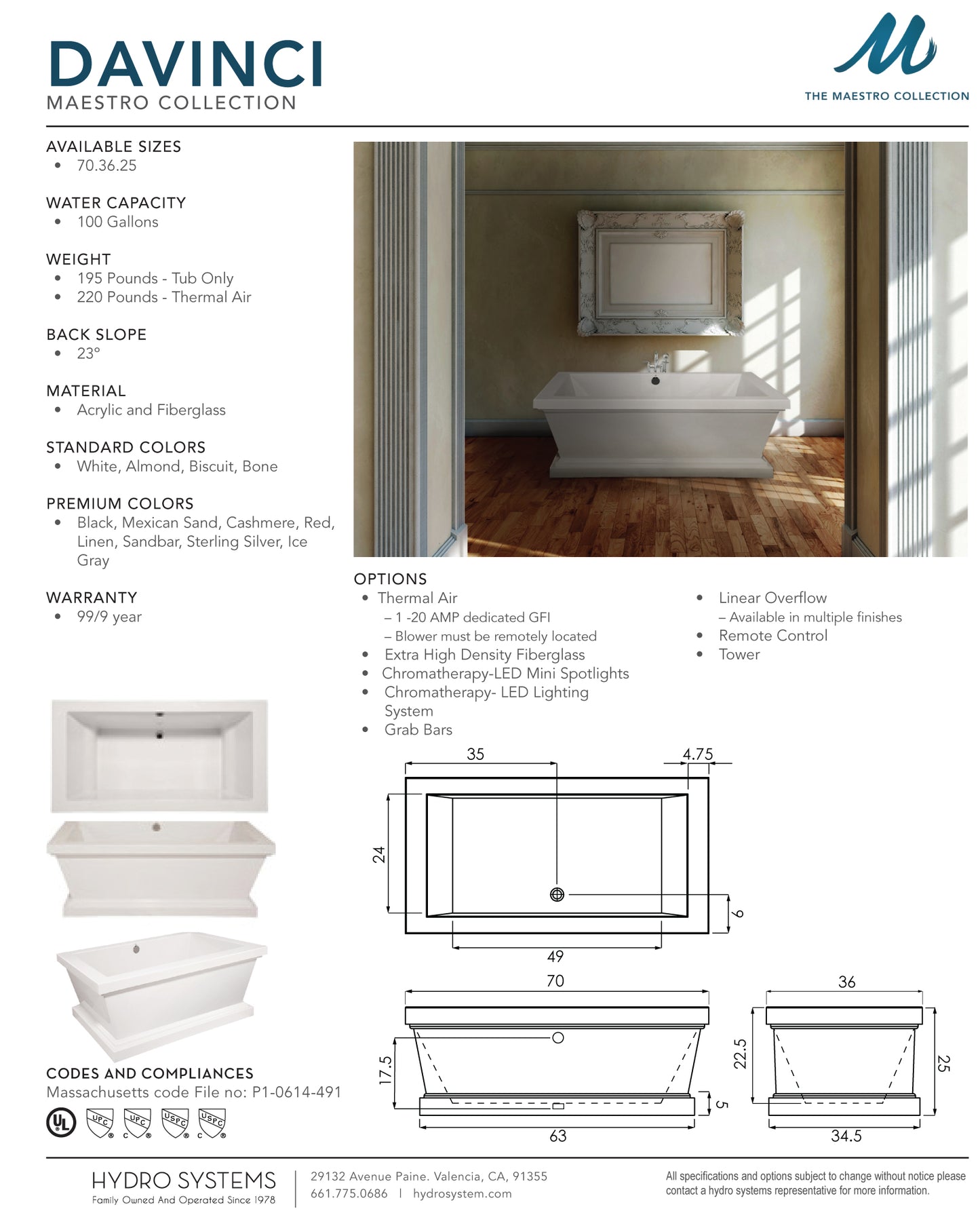 Hydro Systems MDA7036ATO Davinci 70 X 36 Acrylic Soaking Tub