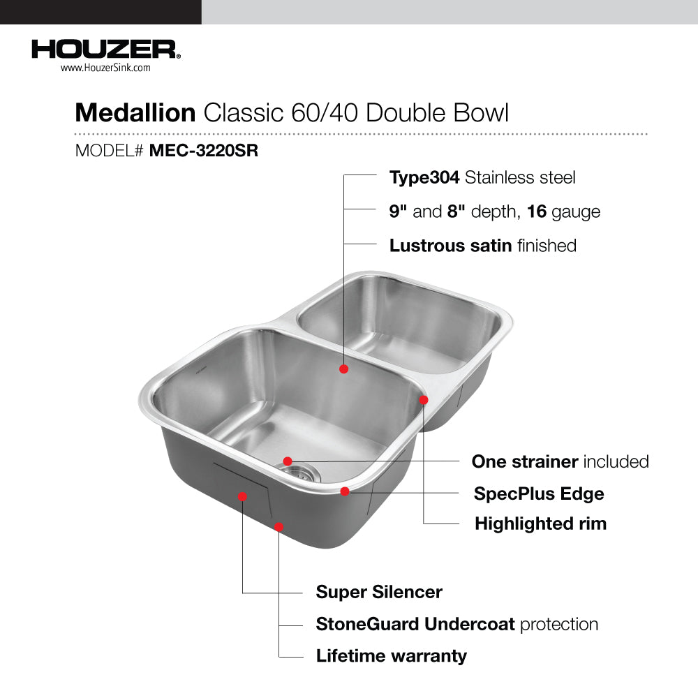 Houzer MEC-3220SR-20 Medallion Classic 32 Inch Stainless Steel Undermount 60/40 Double Bowl With Small Right Bowl Kitchen Sink