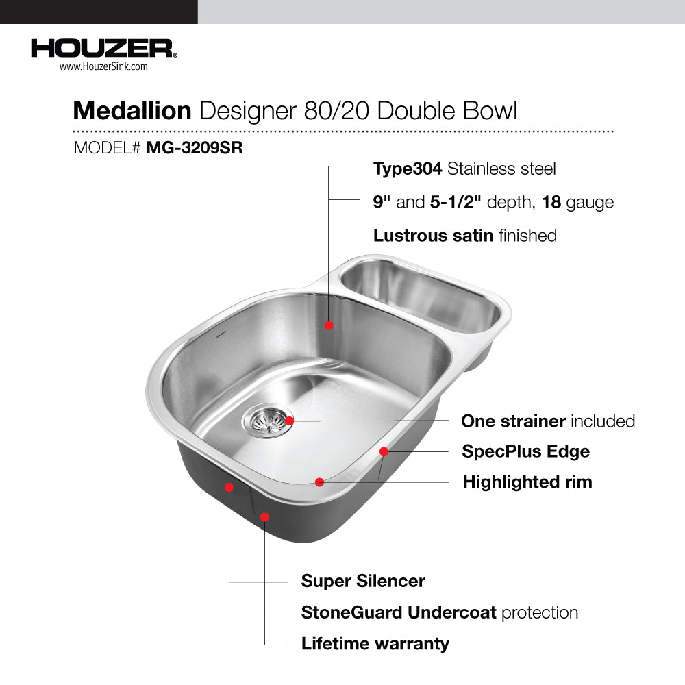 Houzer MG-3209SR-1 Medallion 32 Inch Stainless Steel Undermount 80/20 Double Small Right Bowl Kitchen Sink