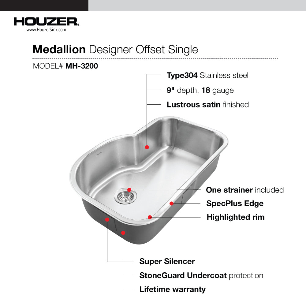 Houzer MH-3200-1 Medallion Designer 32 Inch Stainless Steel Undermount Offset Single Bowl Kitchen Sink