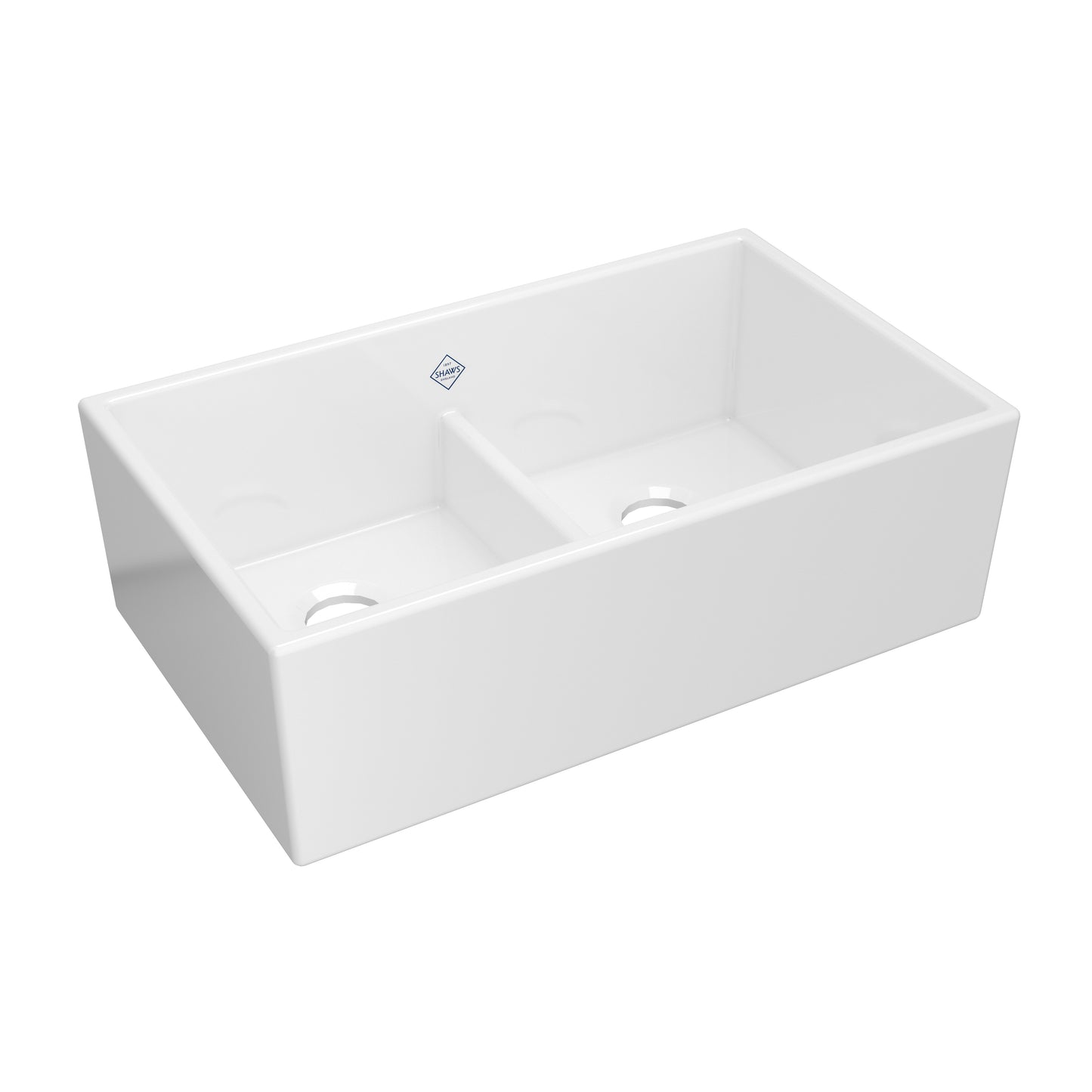 Shaws MS3320WH 33" Low Divide Double Bowl Apron Front Fireclay Kitchen Sink
