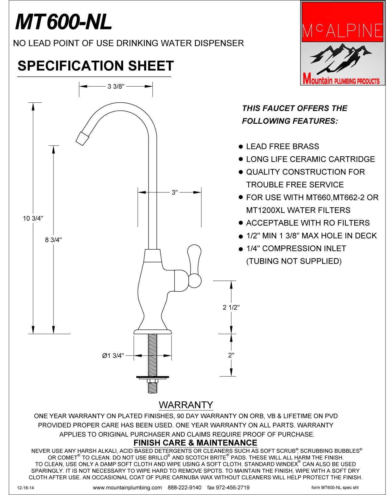 Mountain Plumbing MT600-NL Point-of-Use Drinking Faucet with Teardrop Base & Side Handle - Parent