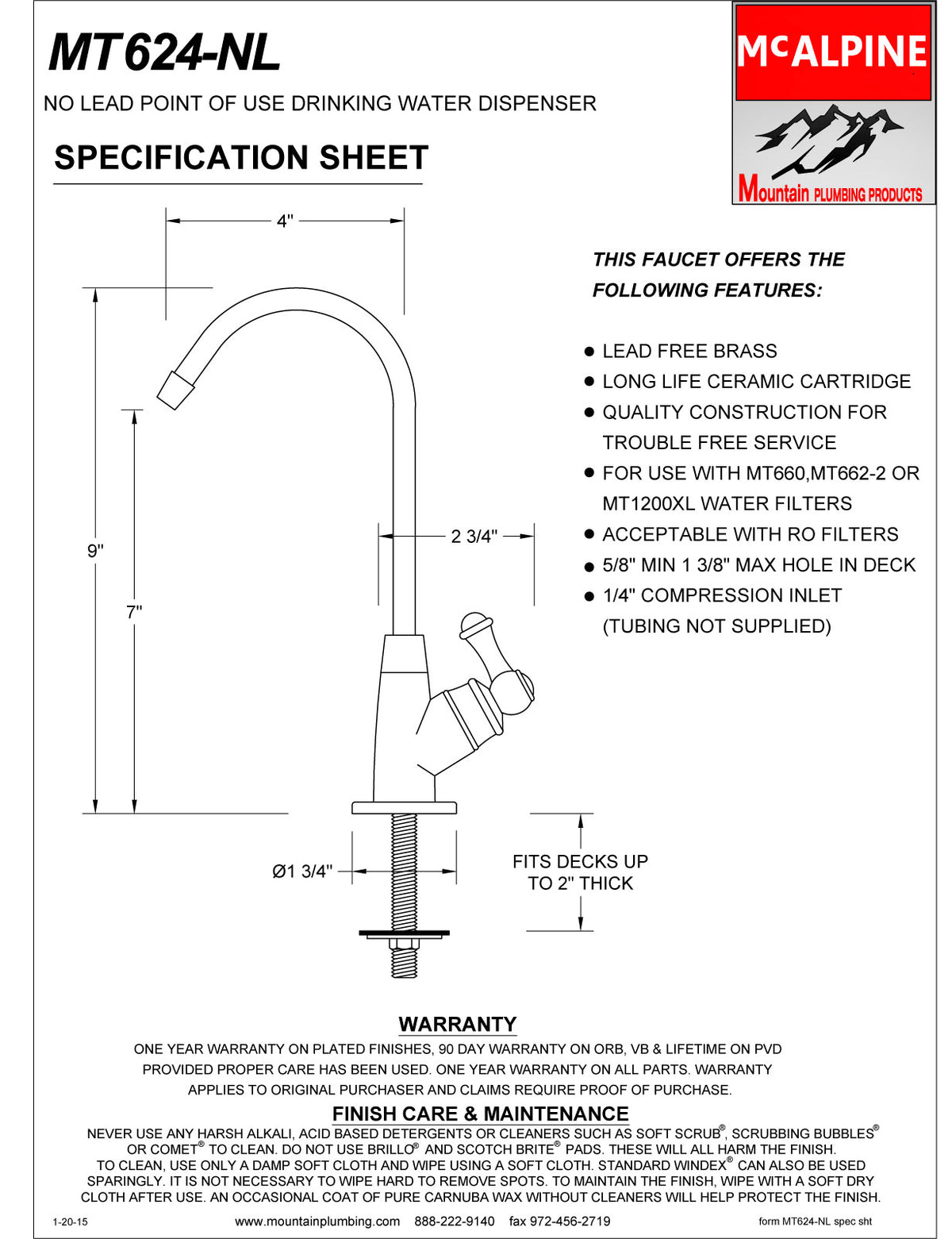 Mountain Plumbing MT624-NL Point-of-Use Drinking Faucet with Round Tapered Base & Angled Side Handle - Parent