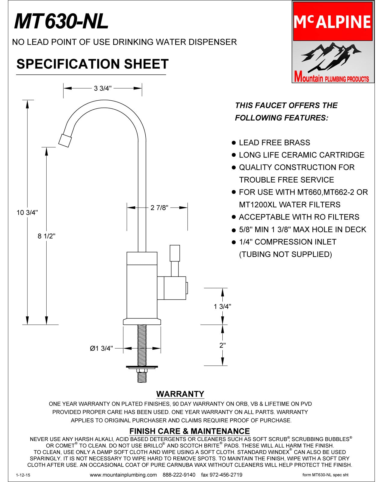 Mountain Plumbing MT630-NL Point-of-Use Drinking Faucet with Contemporary Round Base & Side Handle - Parent
