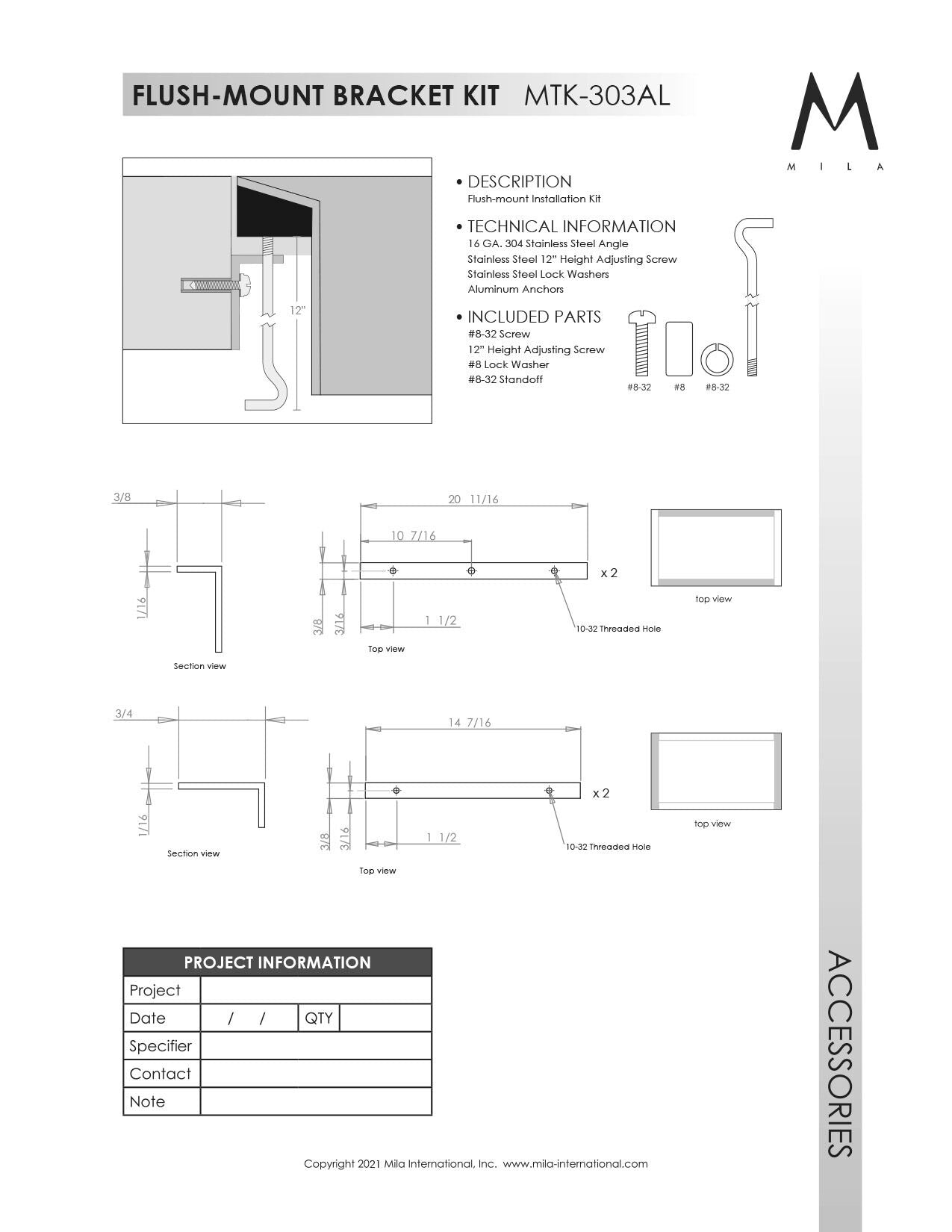 Mila MTK-303AL Flush Mount Installation Kit