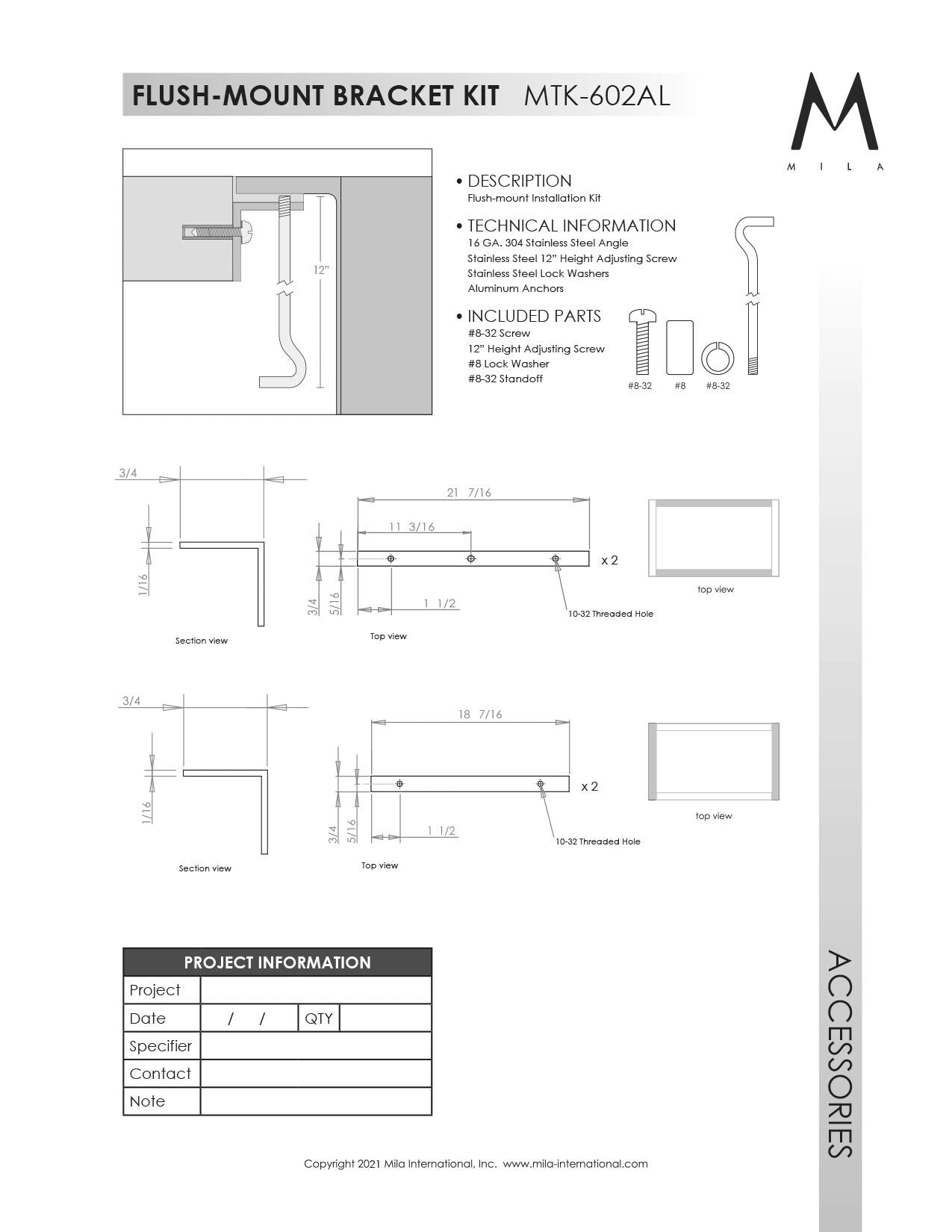 Mila MTK-602AL Flush Mount Installation Kit