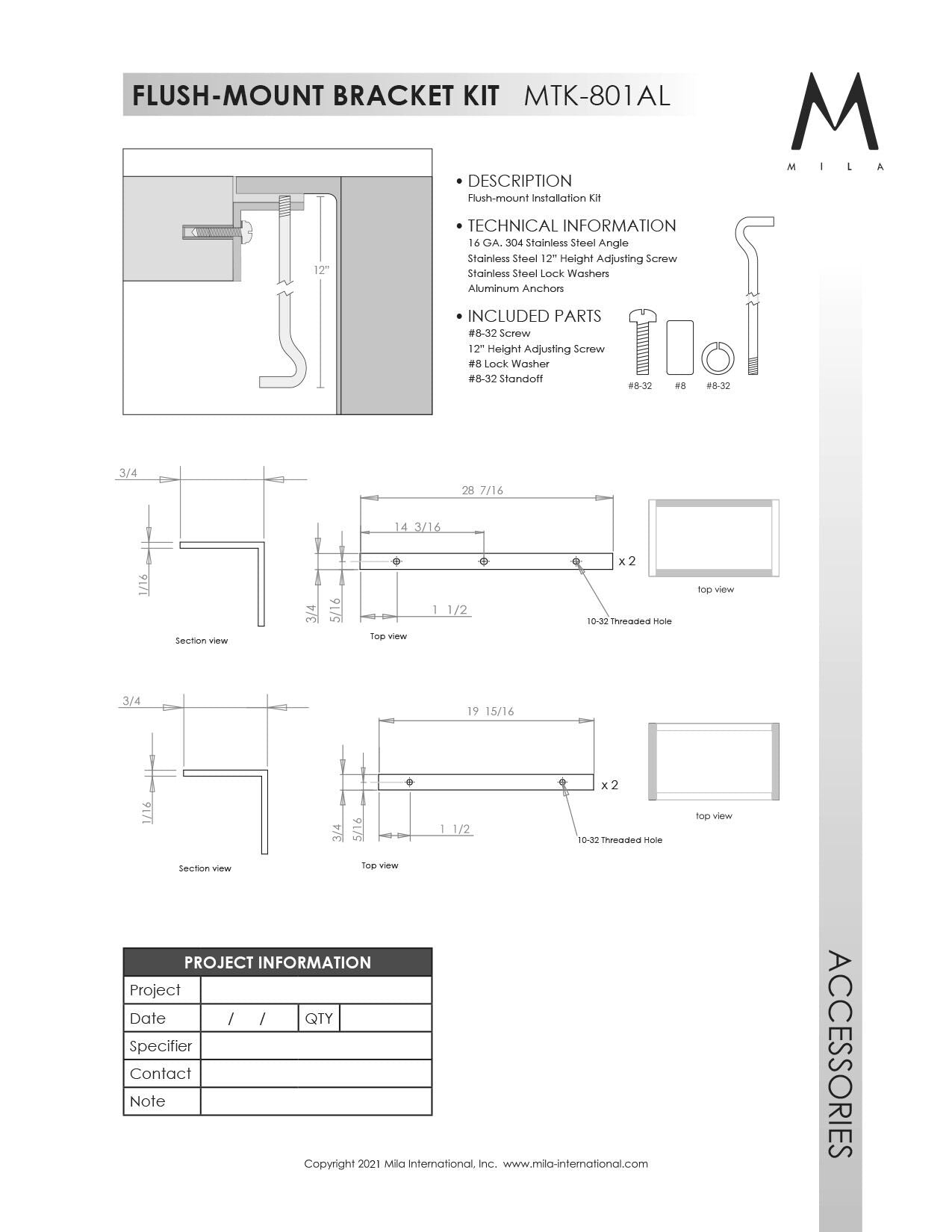 Mila MTK-801AL Flush Mount Installation Kit