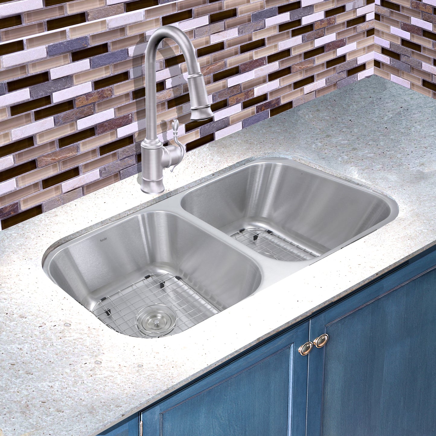 Nantucket Sinks NS10i-16 32.5 Inch Double Bowl Equal Undermount Stainless Steel Kitchen Sink, 16 Gauge