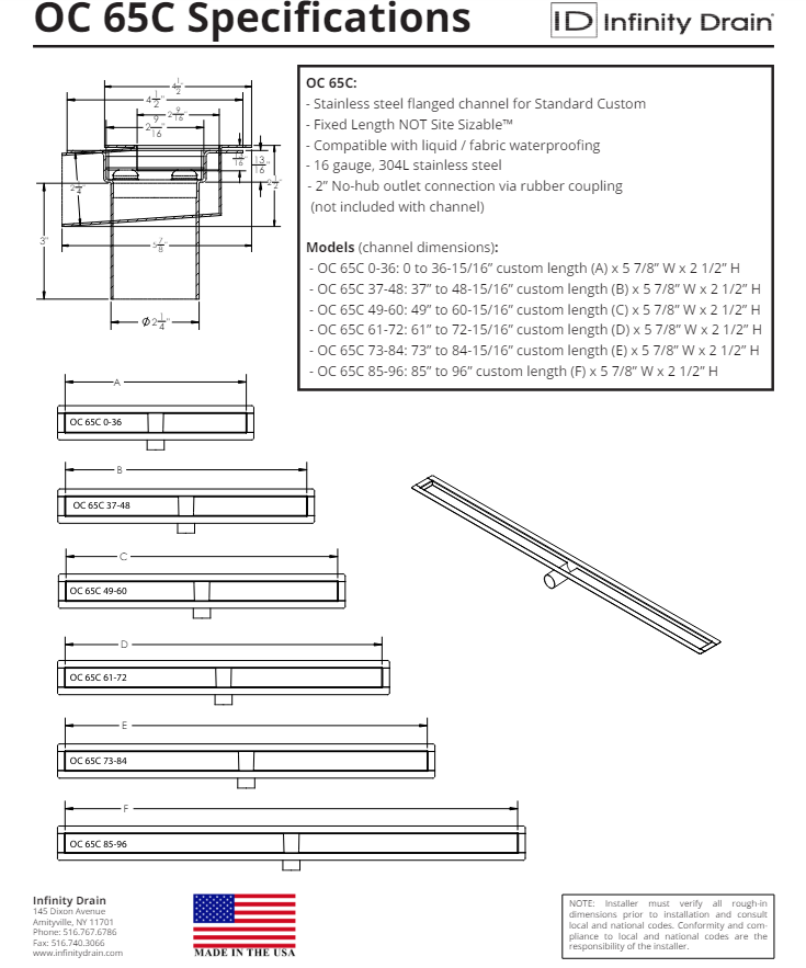 Infinity Drain OC 65C 49-60 SS Custom OC Side Outlet Channel 49"-60" Length