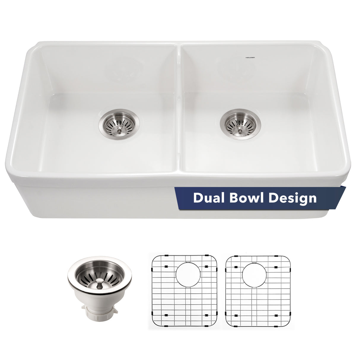 Houzer Platus Fireclay Apron Front Farmhouse 50/50 Double Bowl Kitchen Sink