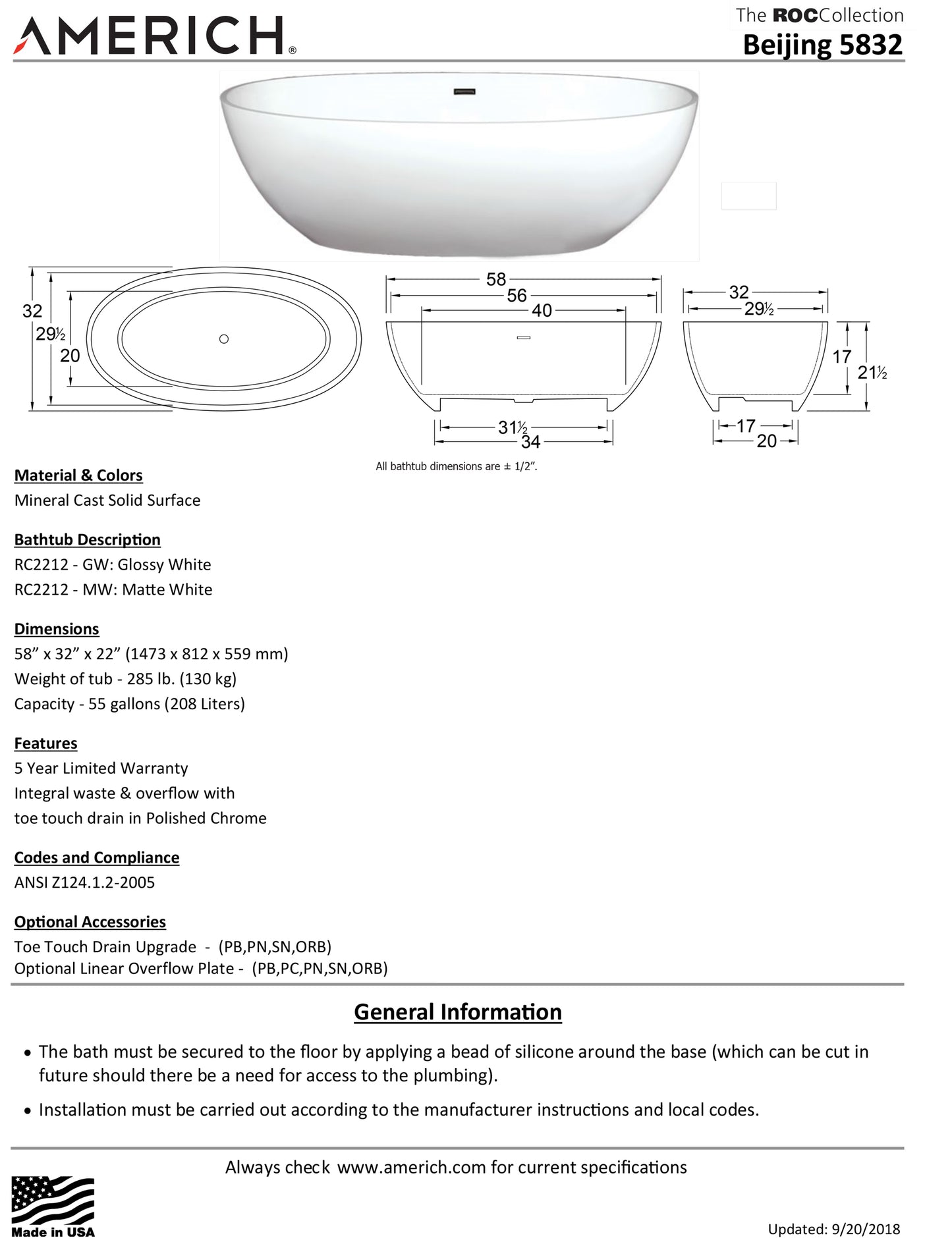 Americh RC2213 Roc Beijing 58 X 32 X 22 Freestanding Tub - Parent