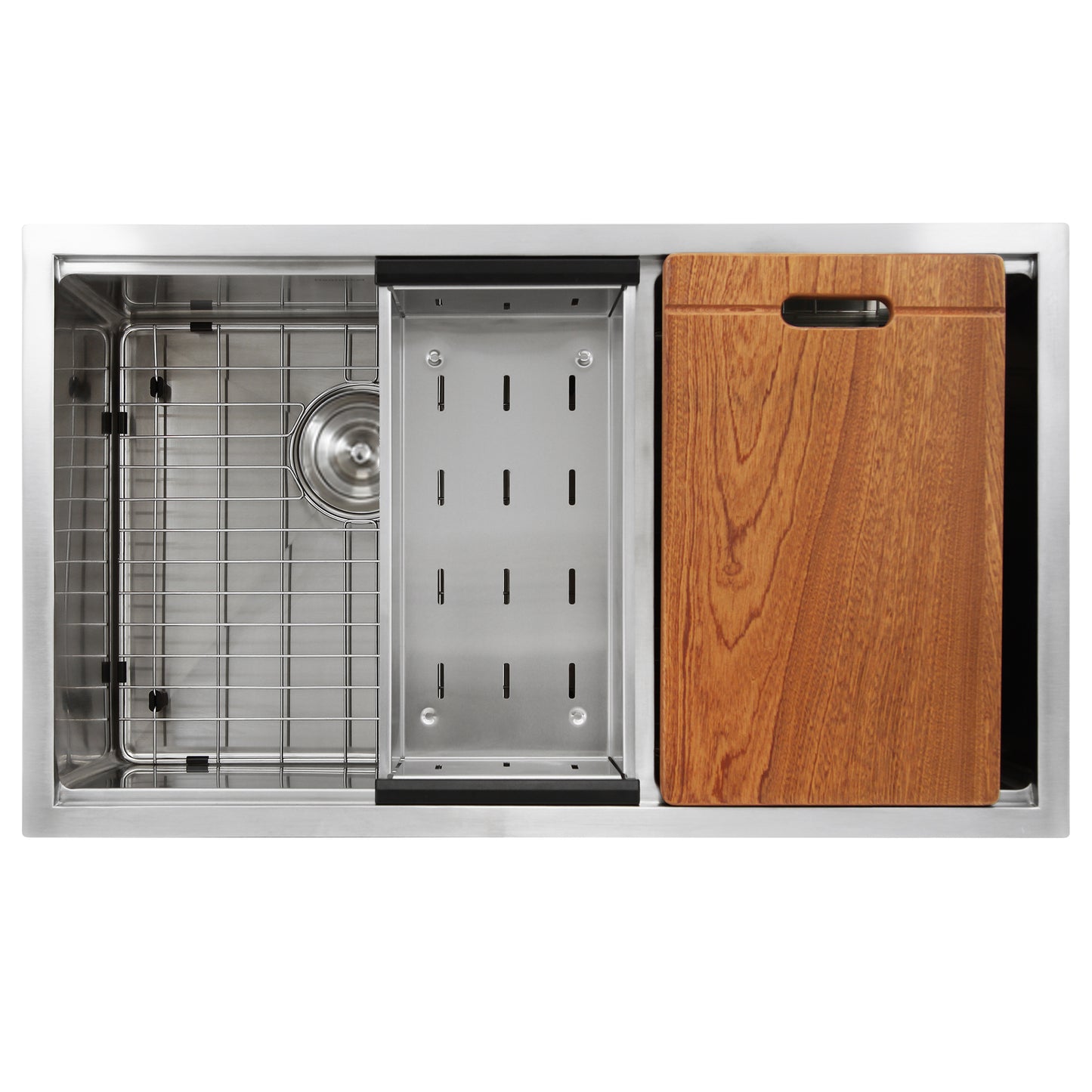 Nantucket Sinks SR-PS-3219-OS-16 Offset Double Bowl Prep Station Small Radius Undermount Stainless Sink with Accessories