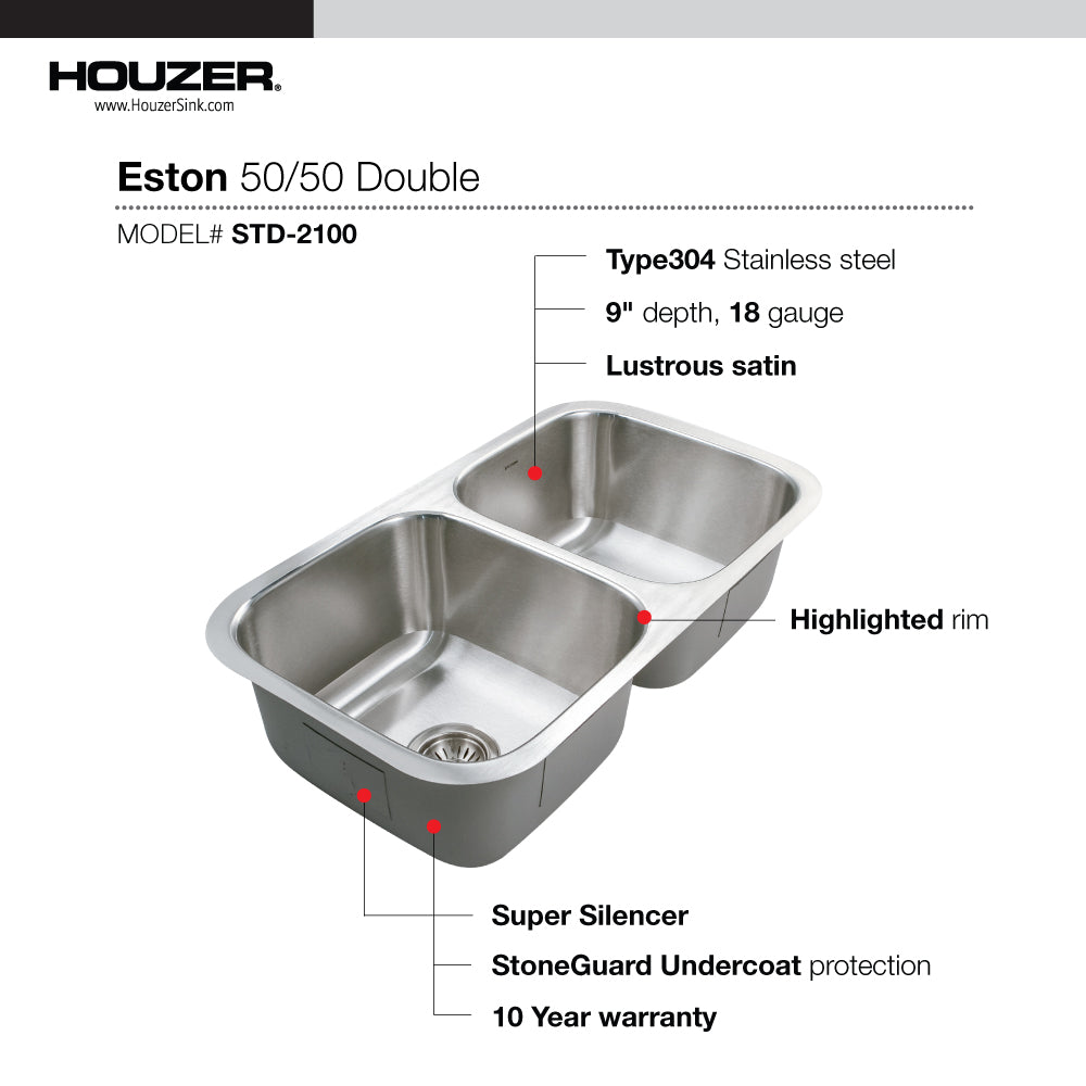 Houzer STD-2100-5 Eston 31 Inch Stainless Steel Undermount 50/50 Double Bowl Kitchen Sink