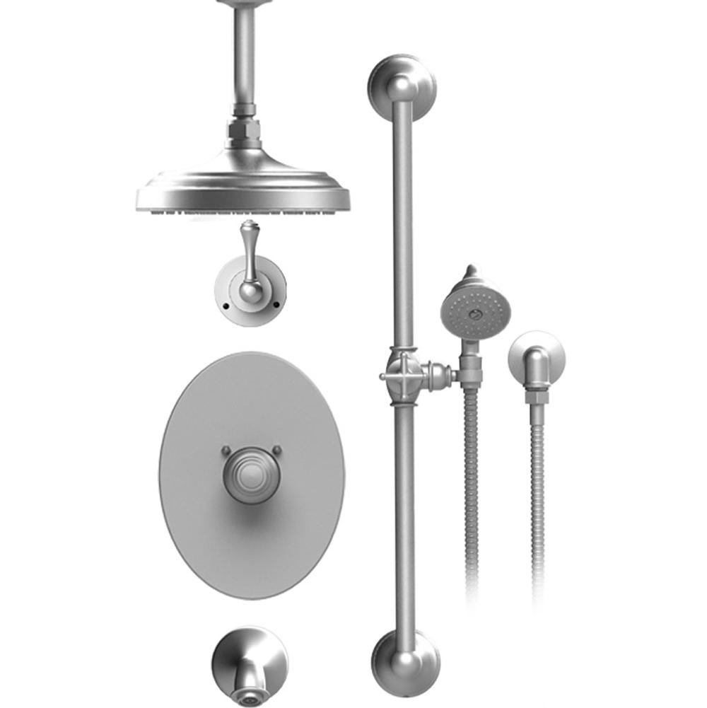 Rubinet T25FML Temperature Control Tub Shower With Three Way Diverter ShutOff, Hand Held Shower, Bar, Integral Supply Wall Mount Tub Filler Spout Fixed Shower