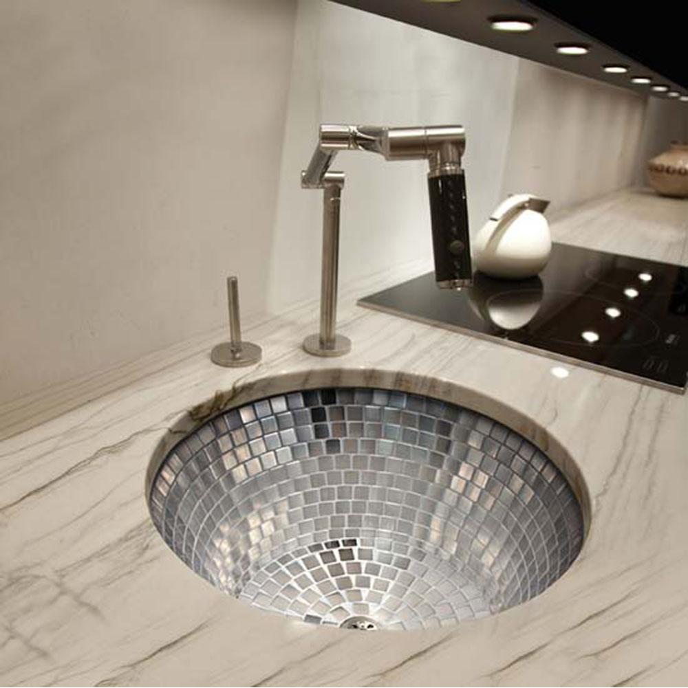 Linkasink V042 Drop-In Round Flat Bottom Kitchen Sink Satin Nickel W/ Stainless Steel Mosaic Tile Interior