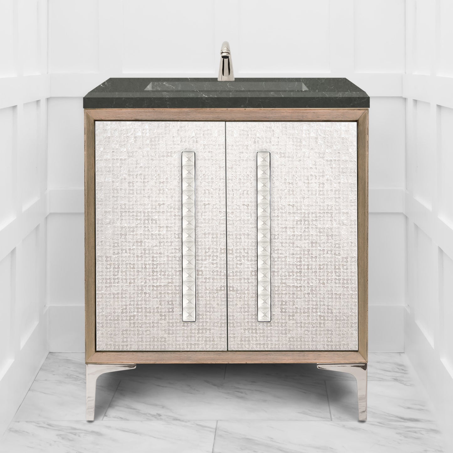 Linkasink VAN30A1-018 Mother Of Pearl With 18" Artisan Glass Pyramid Hardware 30" Wide Vanity, 30" X 22" X 33.5" (Without Vanity Top)