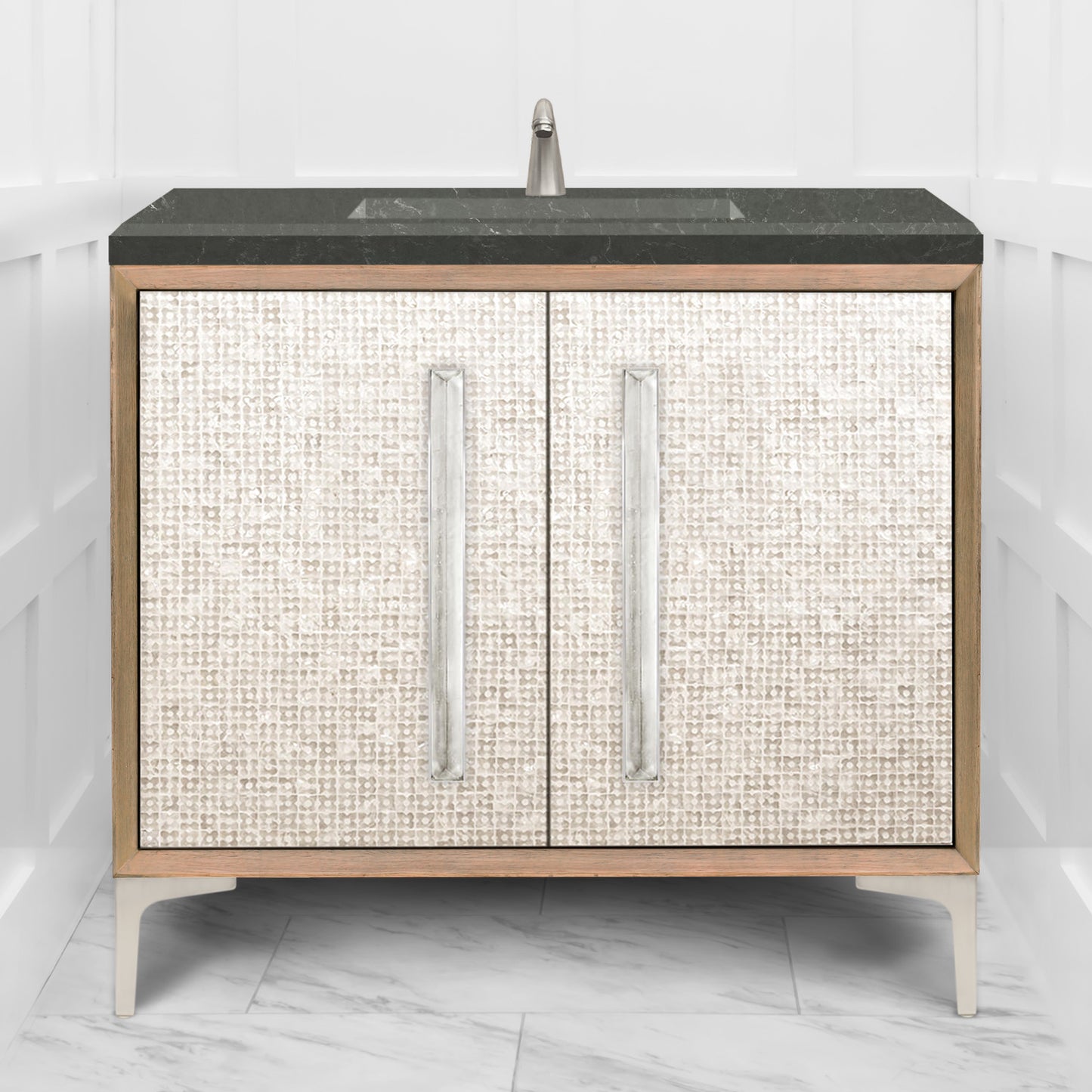 Linkasink VAN36A1-017 Mother Of Pearl With 18" Artisan Glass Prism Hardware 36" Wide Vanity, 36" X 22" X 33.5" (Without Vanity Top)