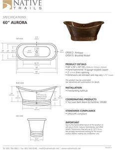 Native Trails CPS912 60" Aurora Copper Bath Tub Antique