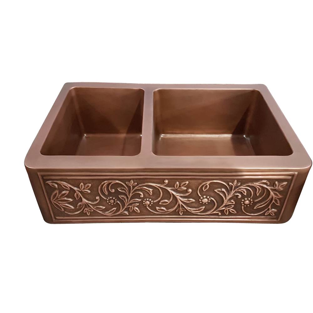 Barclay FSCDB3516-SAC Cilantro 33 Emobossed Offset Double Bowl Farmer Sink - Smooth Antique Copper