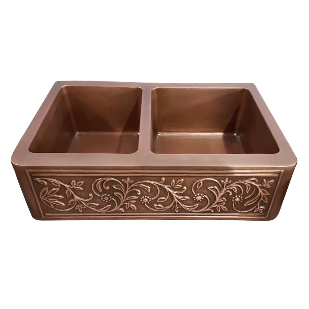 Barclay FSCDB3518-SAC Cilantro 36 Emobossed Double Bowl Copper Farmer Sink - Smooth Antique Copper