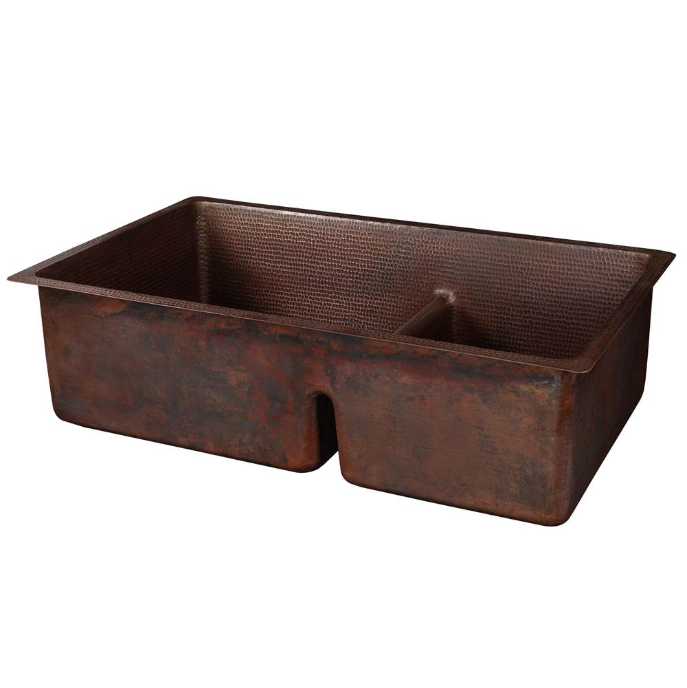 Premier Copper Products K60DB33199-SD5 33" Hammered Copper 60/40 Double Basin Kitchen Sink with Short 5" Divider
