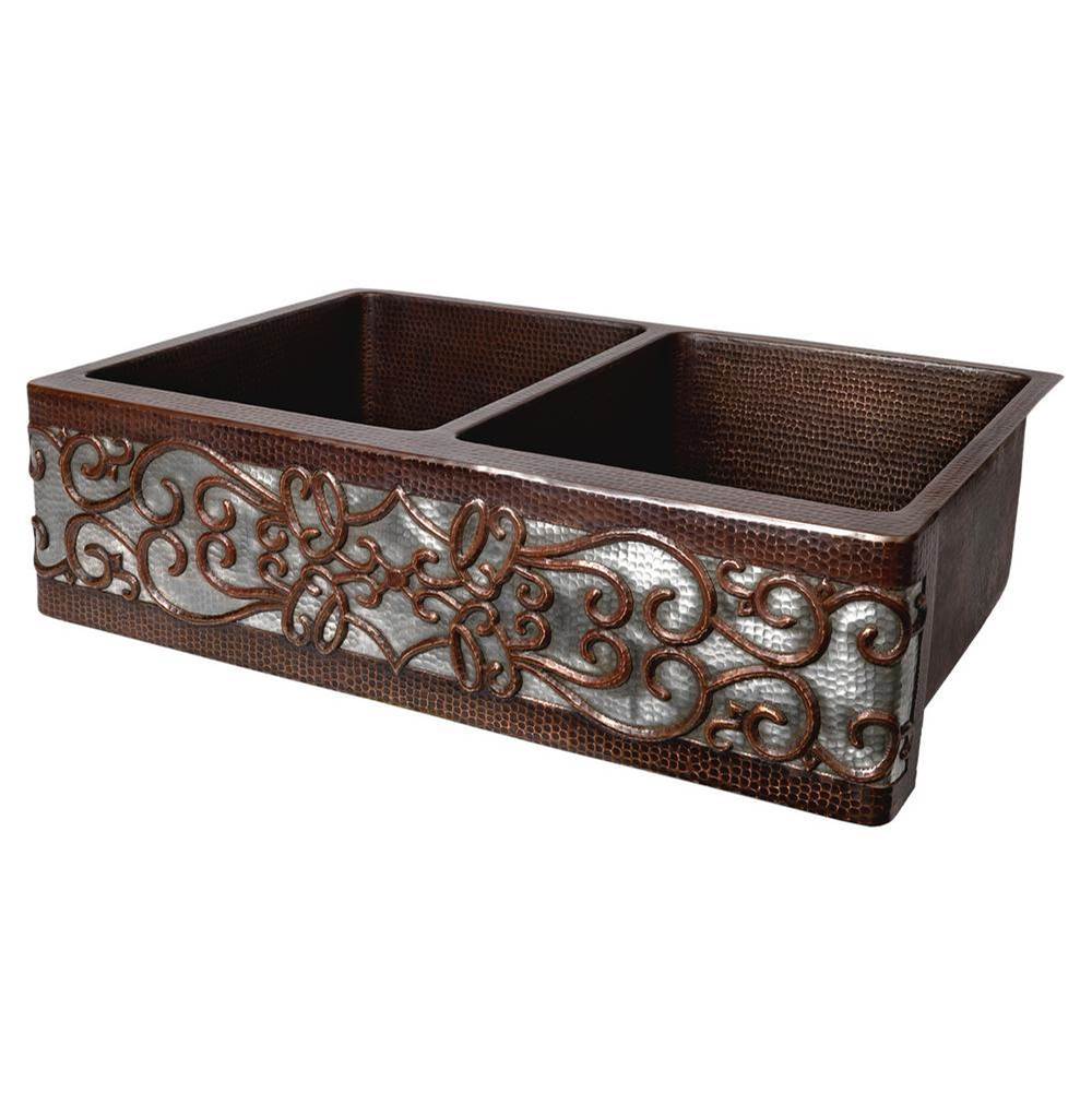 Premier Copper Products KA50DB33229S-NB 33" Hammered Copper Apron Front 50/50 Double Basin Kitchen Sink w/ Scroll Design and Nickel Background