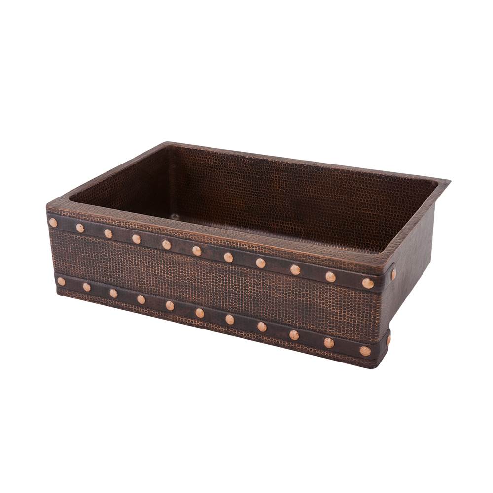 Premier Copper Products KASDB30229BS 30" Hammered Copper Apron Front Single Basin Kitchen Sink w/ Barrel Strap Design