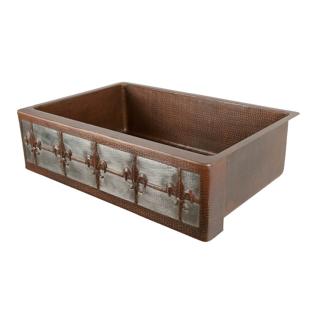 Premier Copper Products KASDB33229F-NB 33" Hammered Copper Apron Front Single Basin Kitchen Sink w/ Fleur De Lis Design and Nickel Background
