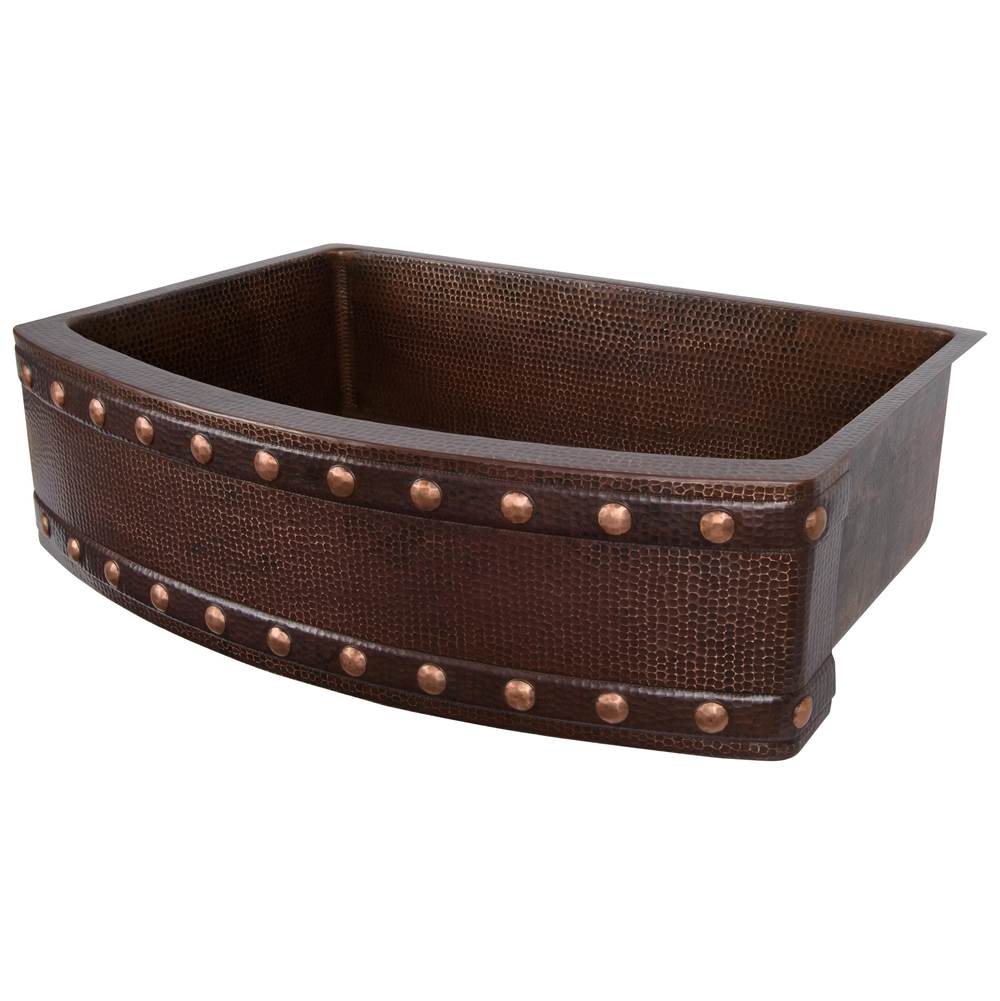 Premier Copper Products KASRDB30249BS 30" Hammered Copper Rounded Apron Front Single Basin Kitchen Sink with Barrel Strap Design
